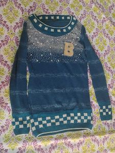 Embellished Blue Knit Pullover