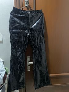 Shiny Black Crocodile-Print Pants