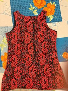 Black Red Lace Embroidery Floral Top By AND