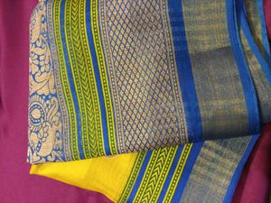 Yellow &amp; Blue Saree Cotton Silk