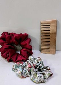 combo , wooden comb , scrunchies