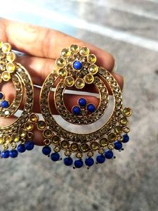 Gold &amp; Blue Beaded Hoop Earrings