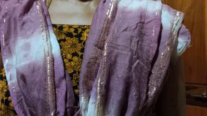 Purple and White Tie-Dye Dupatta with Gold Accents