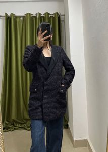 Elegant BLack-Purple Tweed Blend Coat