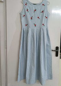 Tokyo Talkies Embroidered Striped Blue Dres