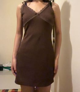 Brown Lace Trim Slip Dress