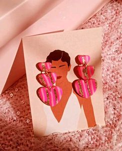 Pink Striped Heart Dangle Earrings