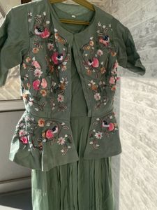 Silk Floral Jacket- Mehandi Green Gown Set