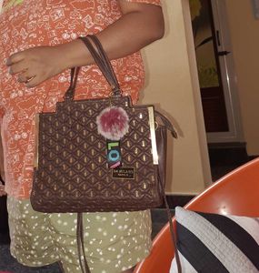 Brown Quilted Handbag with Sequins and Pom-Pom Cha