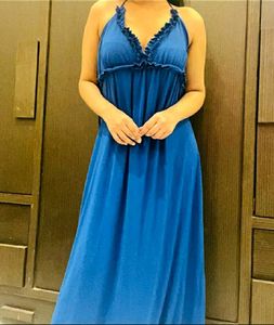 Blue Ruffle Trim Maxi Dress