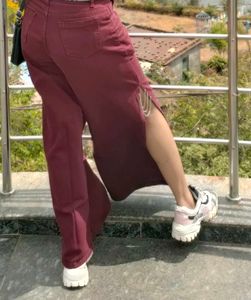 Maroon Wide Leg Slit Jeans