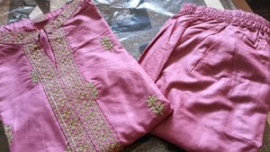 Pink &amp; Gold Embroidered Kurti With Pant