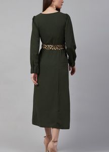 PlusS Olive Midi Dress With Puff Sleeves