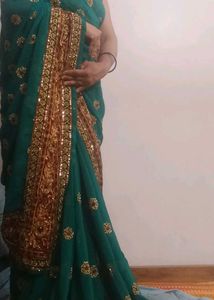 Green Saree with Floral Embroidery &amp; Blouse