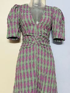 Zara Branded Plaid Puff Sleeve Midi Dress