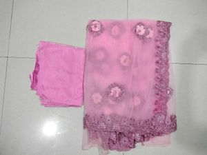 Pink Floral Applique Saree with Petticoat