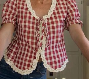 Red Gingham Lace Top