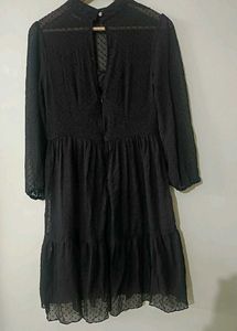 Ruffled Black Knee Length Dress