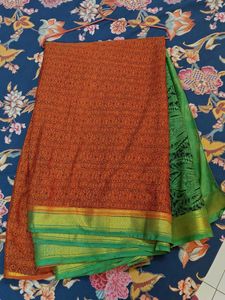 Orange Silk Green Asthetic Pallu Printed Saree