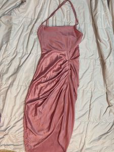 Pink Satin Halter Slit Midi Dress