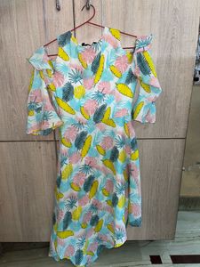 Tropical Print Cold-Shoulder Dress with Ruffle Sle