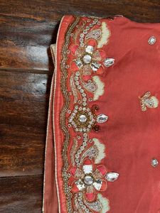 Coral Pink Embroidered Saree with Matching Blouse