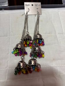 Long Silver Jhumka Earrings with Colorful Beads