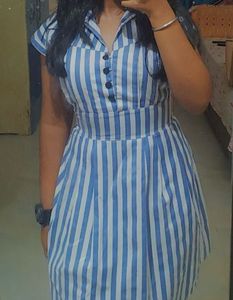 Stripped Printed Dress With Snatched Waist