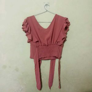 Coral Ruffle Sleeve Wrap Top 🌸