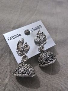 Silver Peacock Jhumka Earrings