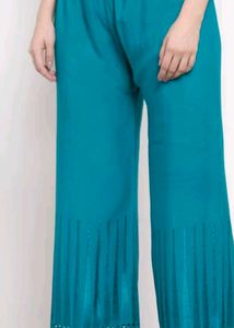 Teal Embroidered Cotton Pants