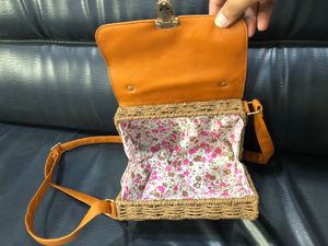 Tan &amp; Wicker Crossbody Bag