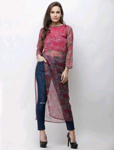 Round Neck One Side Slit Long Top.