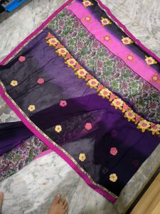 Purple Pink Flower Work Saree.