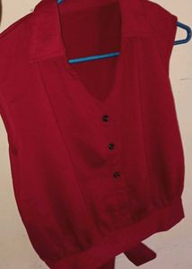 Red Sleeveless Button-Up Top