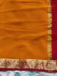 Mustard Yellow And Maroon Pure Crepe Silk Saree
