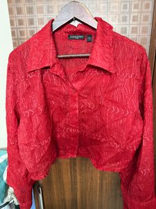 Red Cropped Embroidered Shirt