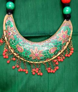 Turquoise Green And Red Bohemian Necklace.