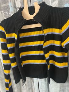 Striped Zip-Up Knit Cardigan