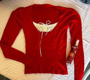 Cute Coquette Red Sweater With Built In Camisole