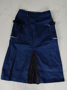 Unique Denim Skirt with Fur Pockets