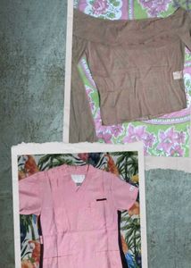 Combo Deal! Brown Off-Shoulder + Pink Scrub Top