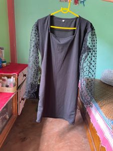 Chic Black Dress - Mesh Sleeves