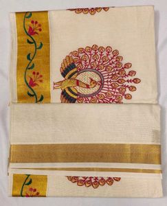 Kerala Kasavu Saree with Peacock Embroidery