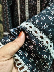 Black Printed suit Set with white lace design.