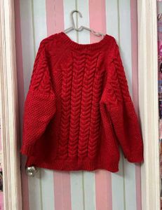 Red Knit V-Neck Sweater