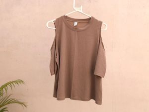 Brown Cold Shoulder Ribbed Top