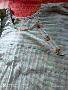 White And Seagreen Stripped Kurti With Pockets