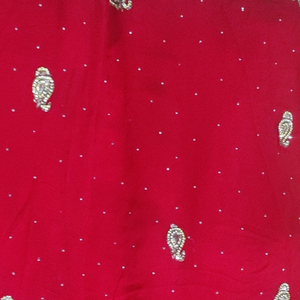 Shiffon bright red partywear saree, golden stone