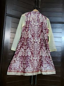 Women Red Shiny Printed Kurta &amp; Dupatta